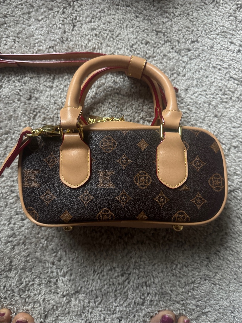 Brown Monogram Mini Barrel Satchel with Tan Trim